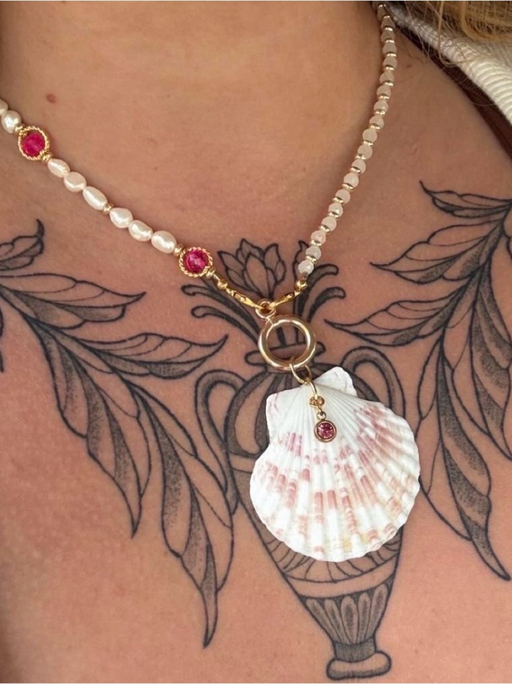 Necklace with Pink Gems and real Shell Pendant